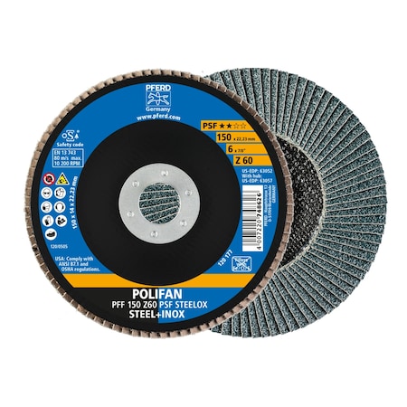 Pferd 6" x 7/8" A.H. POLIFAN Flap Disc - Z PSF STEELOX, Zirconia, 60 Grit, Flat 63052